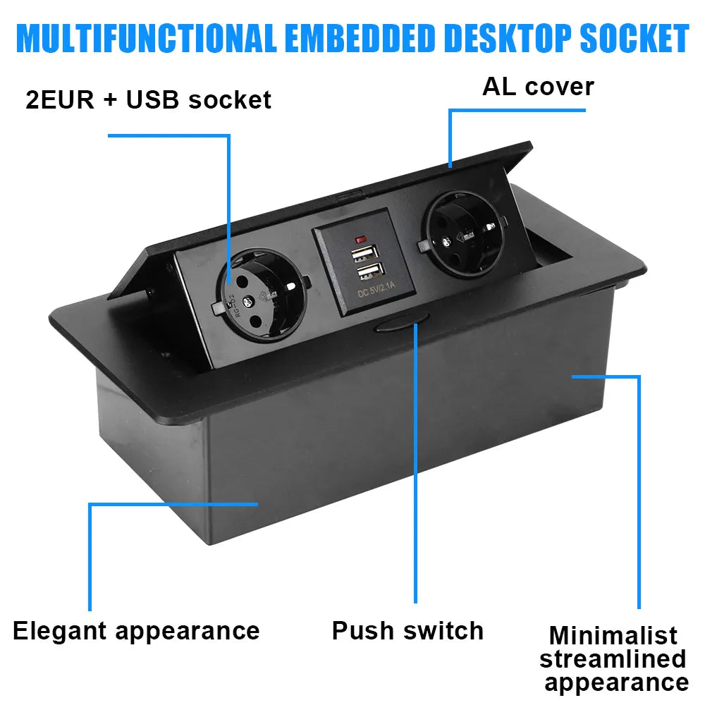 Desktop Socket Table Outlet With USB Charging Aluminum Alloy Cover Slow Pop Up Electrical Socket For Meeting Room 2 3 EU Socket