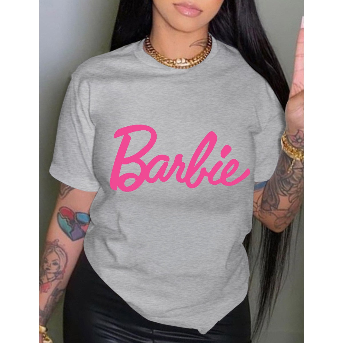Barbie Letter Printed T Shirt Fashion Ladies Cotton Round Neck Short-Sleeved Y2K