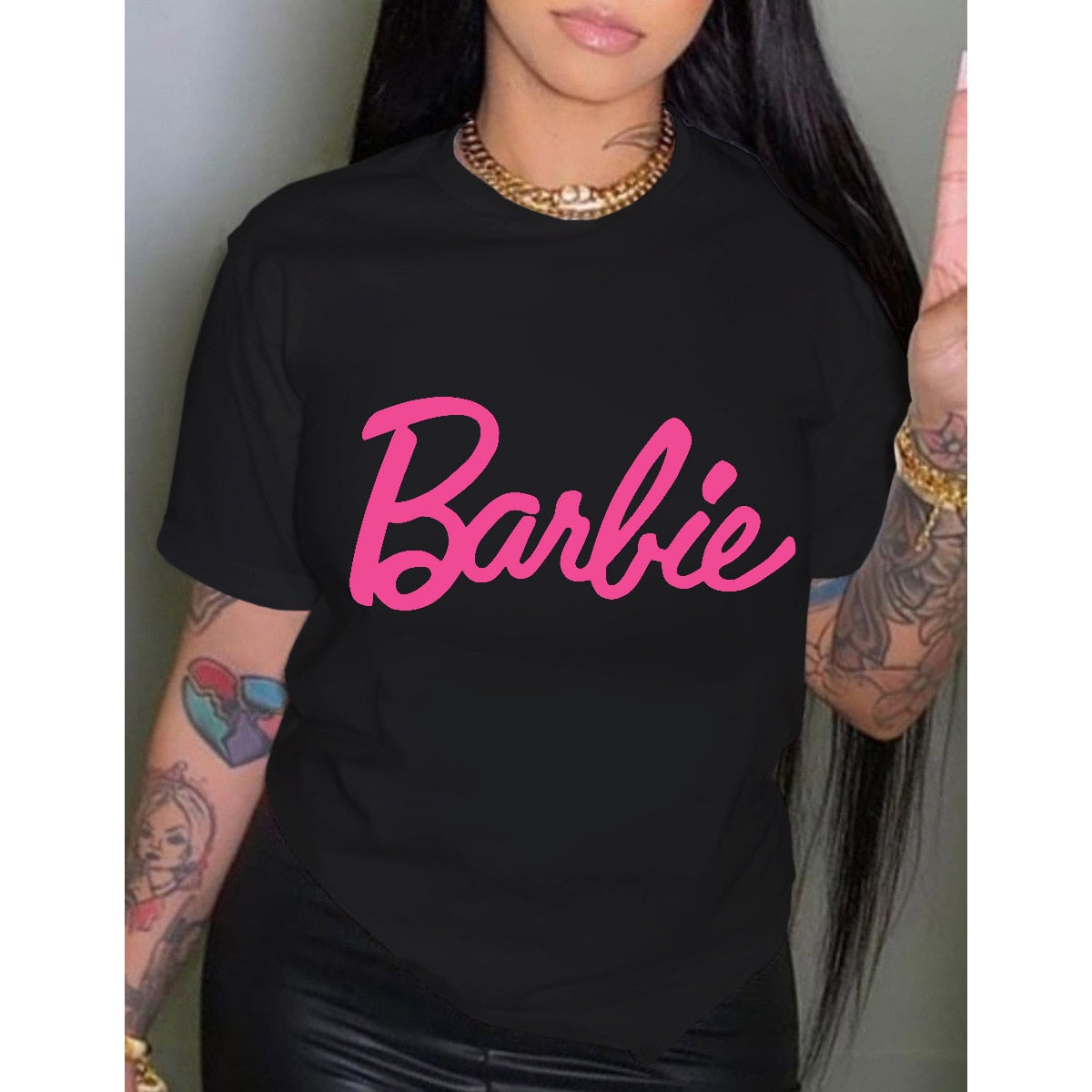 Barbie Letter Printed T Shirt Fashion Ladies Cotton Round Neck Short-Sleeved Y2K