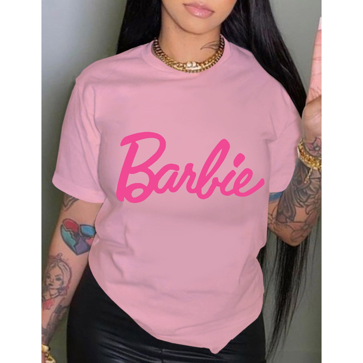 Barbie Letter Printed T Shirt Fashion Ladies Cotton Round Neck Short-Sleeved Y2K