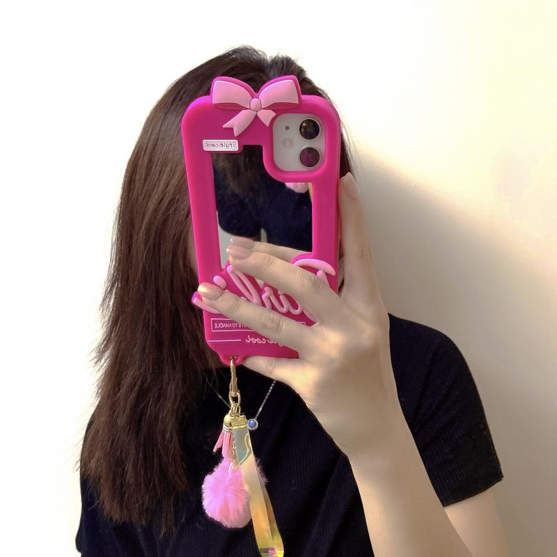 Barbie Phone Case for iphone 11 12 13 14 Pro Max Mini Xsmax Xr Xs X 6 7 8 Plus + Pink Pendant + Cover with Mirror (LOW STOCK)