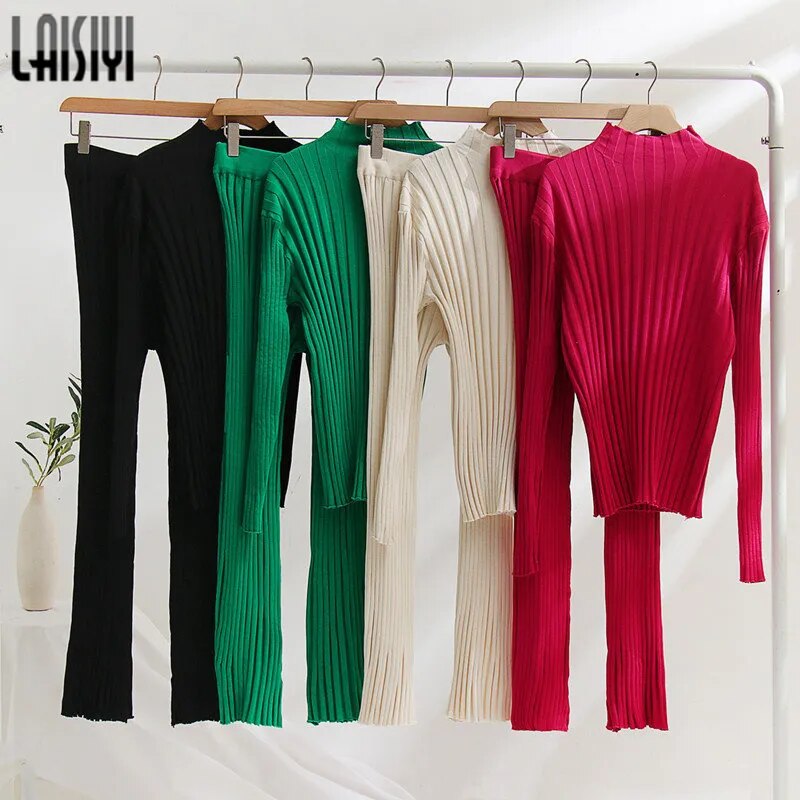 LAISIYI Autumn Sweater Sets Women 2 Piece Suits Winter Knitted Outfits Long Sleeve Tops High Waist Leggings Slim Basic Knitwear