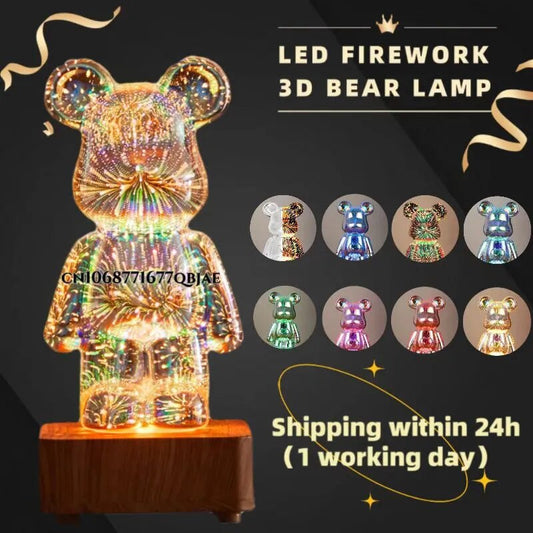 Night Light Led Bear Firework Lamp Dimming 3D Glass Colorful Projection Atmosphere Room Decor Gift Bedroom Decorative Romantic