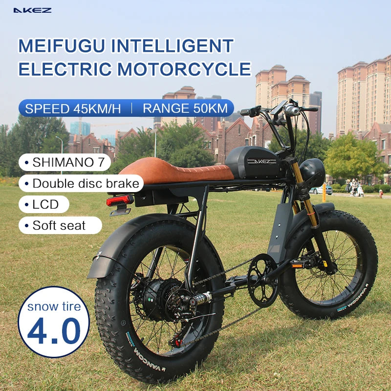 48V 500W 1500W Dual Battery AKEZ Cool Electric Bicycle Retro Motorcycle Off-Road Ebike