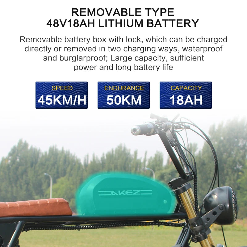 48V 500W 1500W Dual Battery AKEZ Cool Electric Bicycle Retro Motorcycle Off-Road Ebike