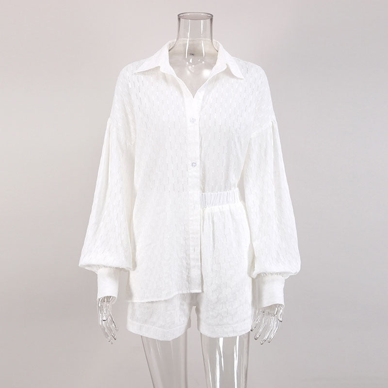 Women White Shorts Sets 2023 Summer hollow Loose Shirt And Shorts Suit 2 Piece Sets Fabric Lantern Sleeve Female Outfits 22076