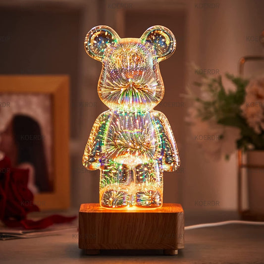 3D Fireworks Bear Night Light Projection Colorful USB Atmosphere Dimming Living Decorative Decor Room 3D Glass Fireworks Bedroom