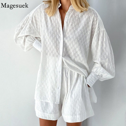 Women White Shorts Sets 2023 Summer hollow Loose Shirt And Shorts Suit 2 Piece Sets Fabric Lantern Sleeve Female Outfits 22076
