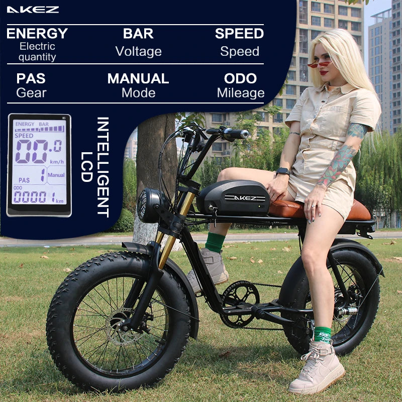 48V 500W 1500W Dual Battery AKEZ Cool Electric Bicycle Retro Motorcycle Off-Road Ebike