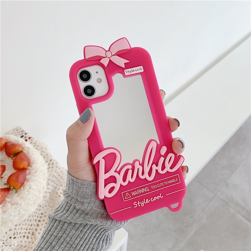 Barbie Phone Case for iphone 11 12 13 14 Pro Max Mini Xsmax Xr Xs X 6 7 8 Plus + Pink Pendant + Cover with Mirror (LOW STOCK)