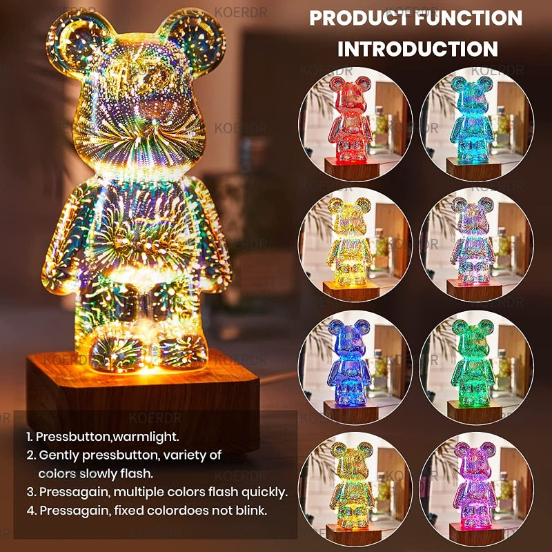 3D Fireworks Bear Night Light Projection Colorful USB Atmosphere Dimming Living Decorative Decor Room 3D Glass Fireworks Bedroom